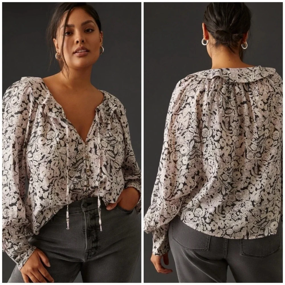 By Anthropologie cotton button-front peasant blouse in muted floral. Size: XS - Picture 2 of 14